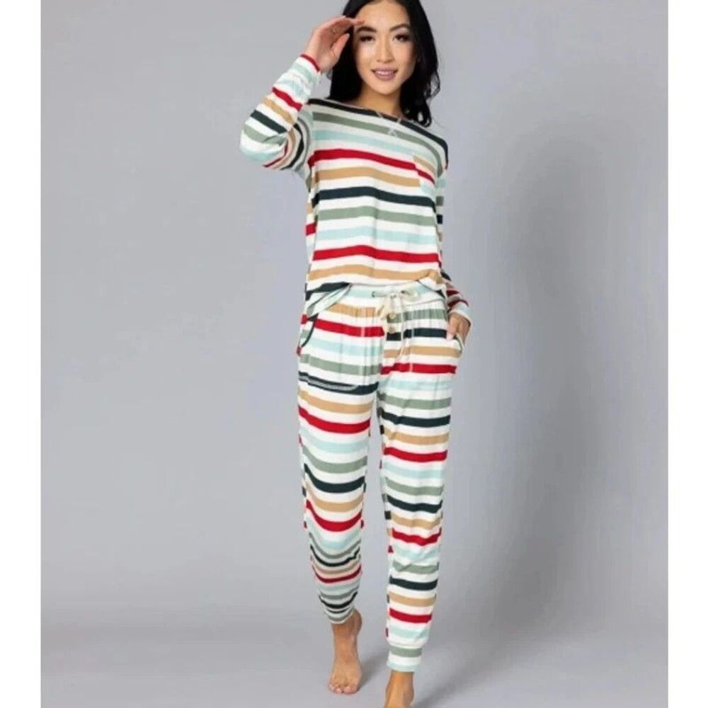 Lates By Kate Striped Pajama Set XS Long Sleeve Joggers Drawstring Comfy Stretch